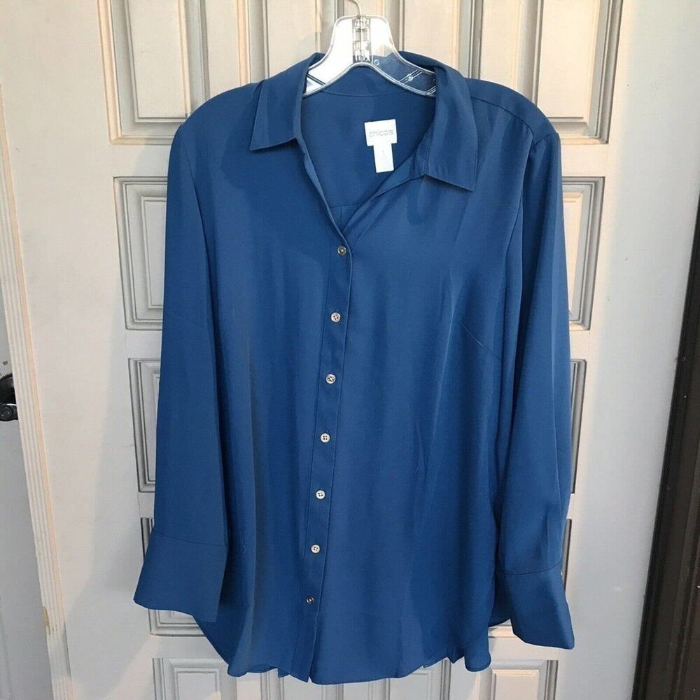 Chico's Blouse Sz1 Buttonup Teal Collar pleated Back Silky Cuffs NWOT